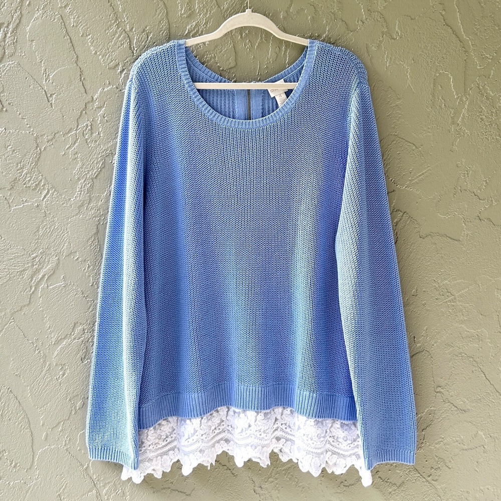 Chico's Women 4 Blue White Multi Embroidery Hem Brianne Pullover Sweater NWOT